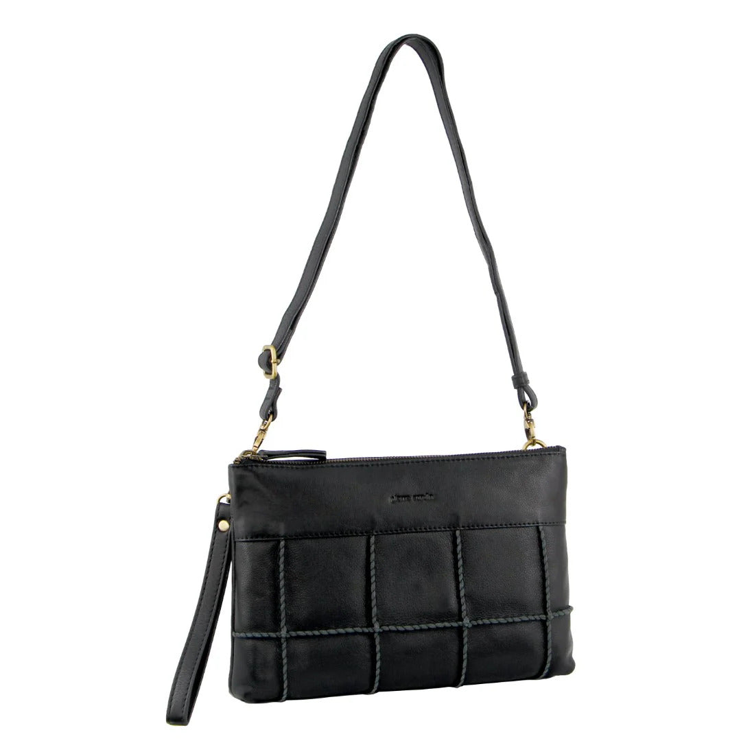 Pierre Cardin Ladies Leather Stitch-Design Cross-Body Bag - Black