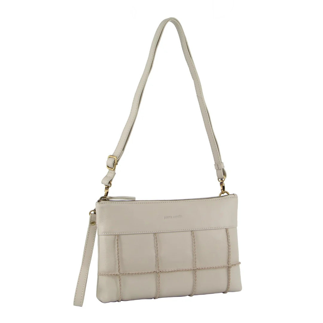 Pierre Cardin Ladies Leather Stitch-Design Cross-Body Bag - Bone