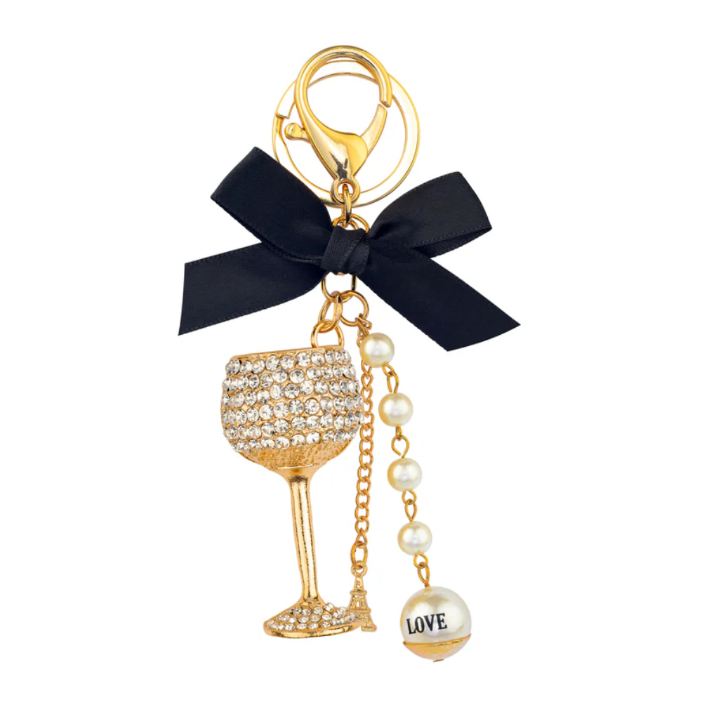 Luxury Diamonte Charm Key Ring - Wine Glass Black