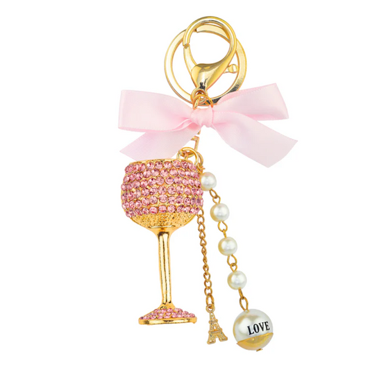 Luxury Diamonte Charm Key Ring - Wine Glass Pink