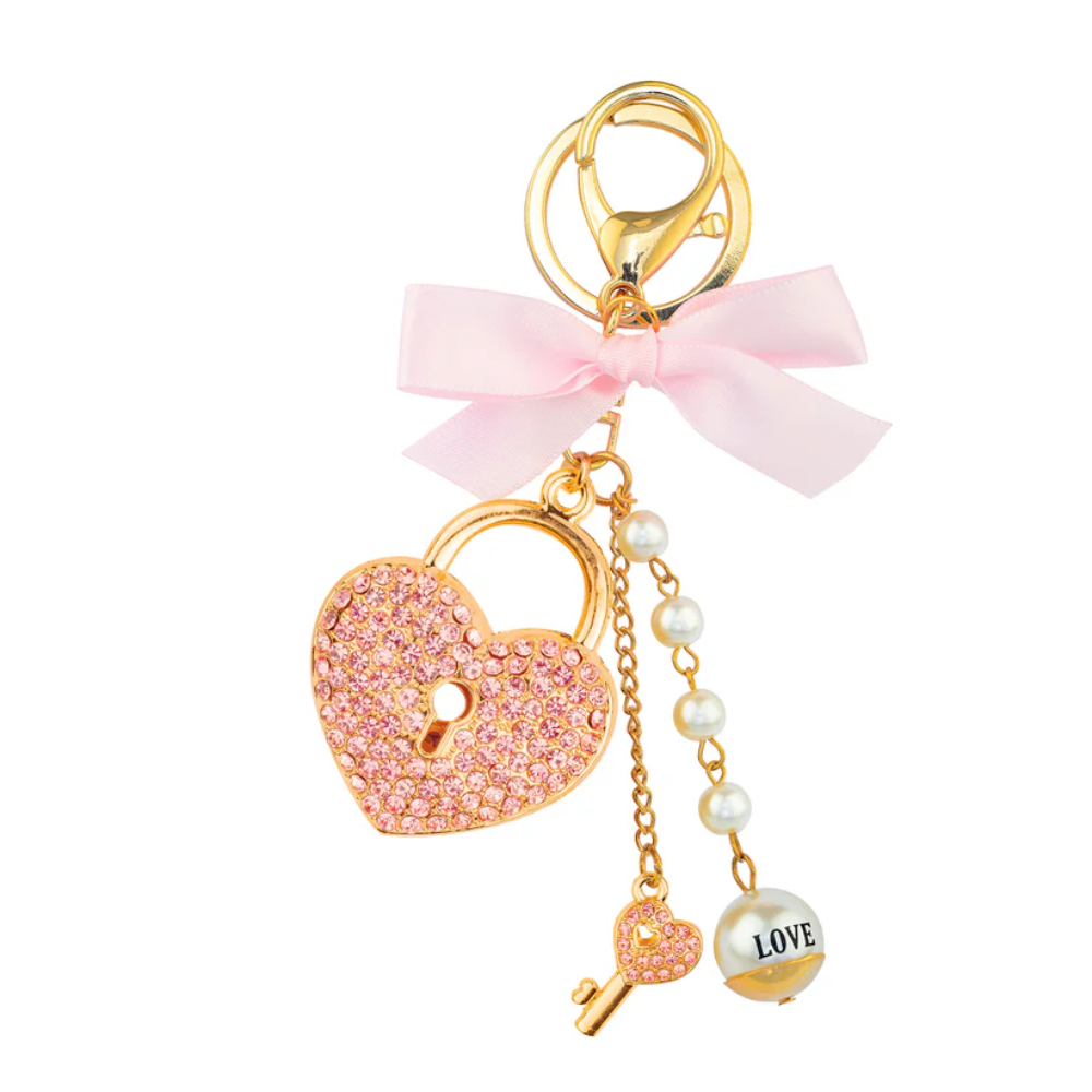 Luxury Diamonte Charm Key Ring - Love Heart Pink