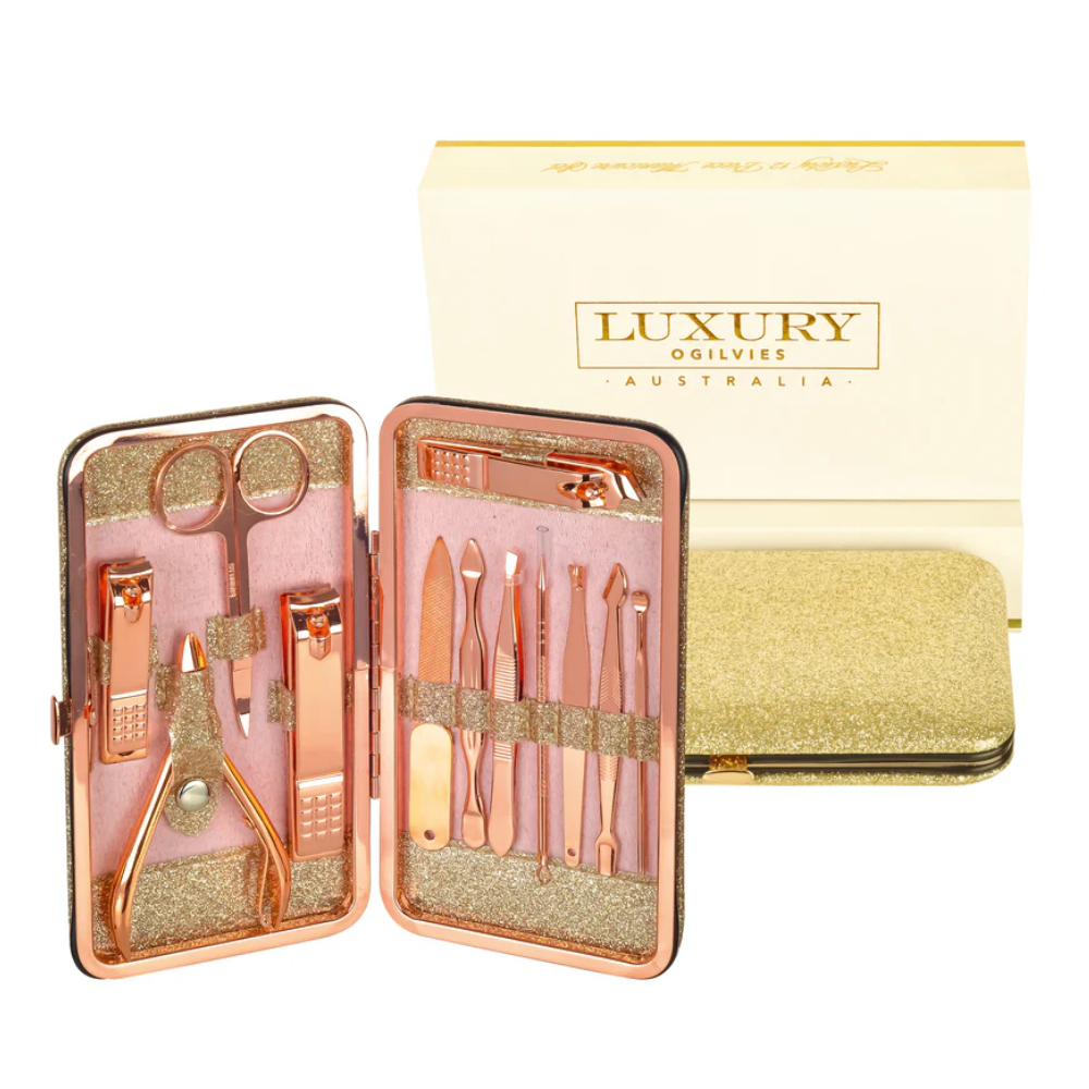 Manicure Tool Set 12 Piece In Hard Compact Case - Gold