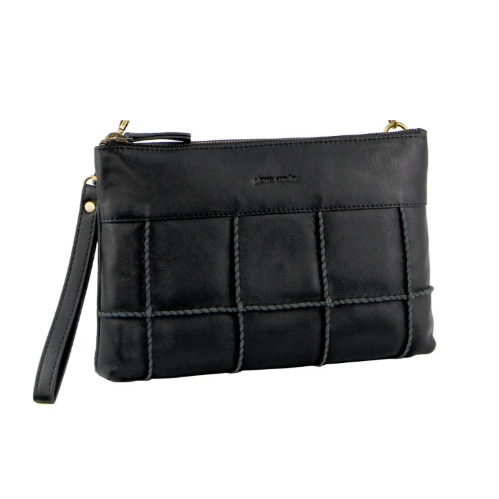 Pierre Cardin Ladies Leather Stitch-Design Cross-Body Bag - Black