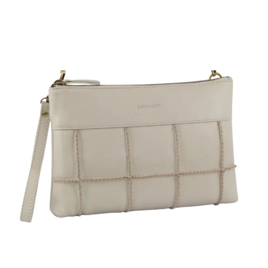 Pierre Cardin Ladies Leather Stitch-Design Cross-Body Bag - Bone